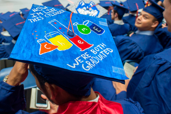 chemical engineering off decorated hat at the 2017 School of Engineering commencement